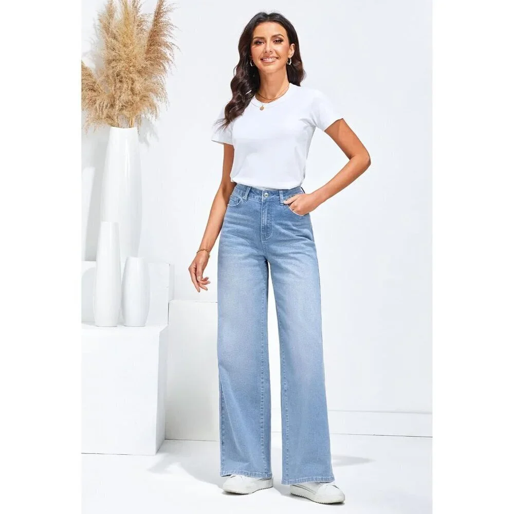 Wide Leg Jeans Women High Waisted Stretch Denim Baggy Pants with Pockets